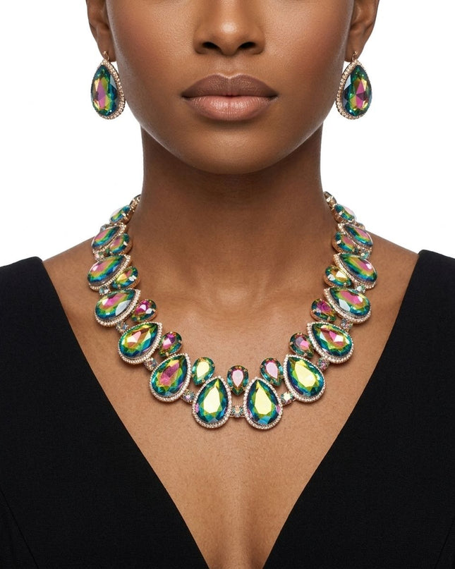Pink Green Glass Teardrop Crystal Collar Necklace