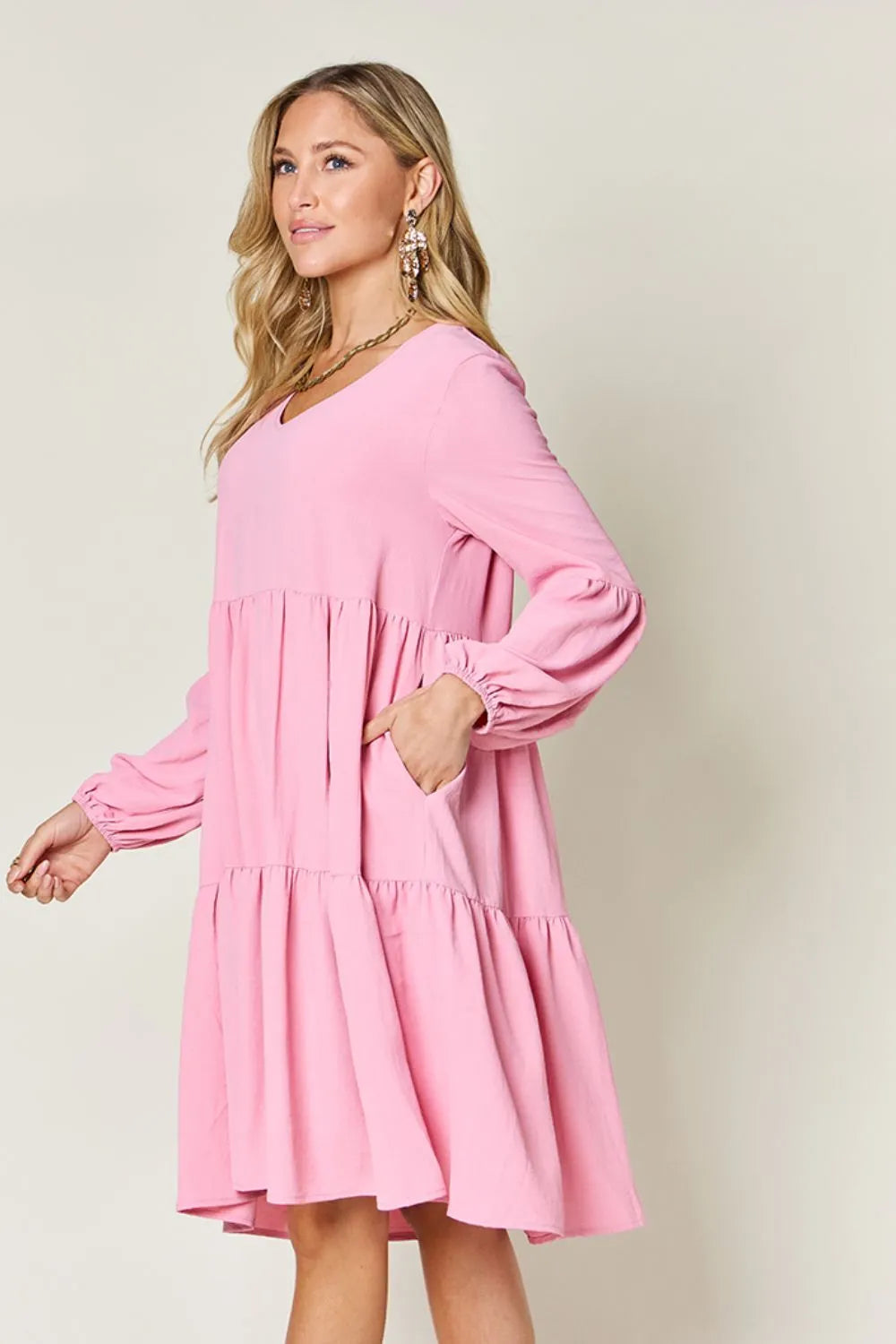 Pink V-Neck Balloon Sleeve Tiered Dress with Pockets
