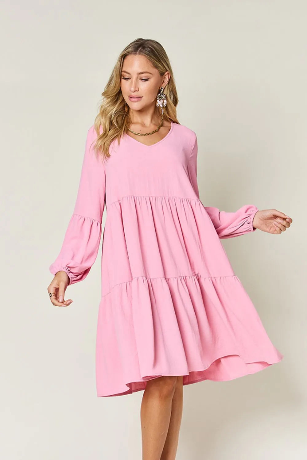 Pink V-Neck Balloon Sleeve Tiered Dress with Pockets