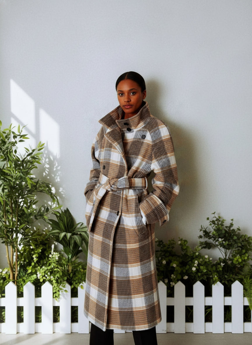 Plaid coat with a belt