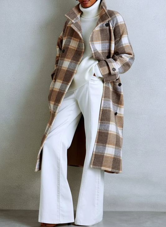 Plaid Tie Waist Double-Breasted Coat