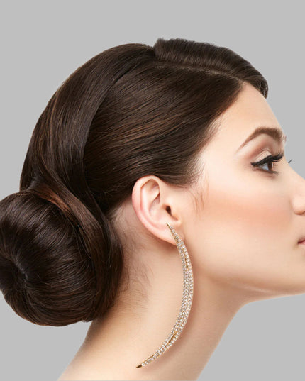 Gold Metal and Clear Rhinestone Curved Bar Crescent Drop Earrings. Earrings measure .35 inches wide