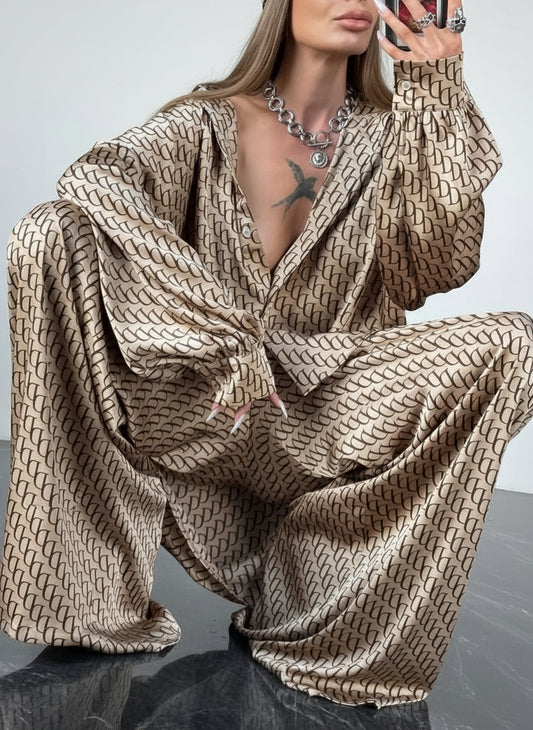 Gold and Brown Printed Button Up Shirt and Matching Pants 