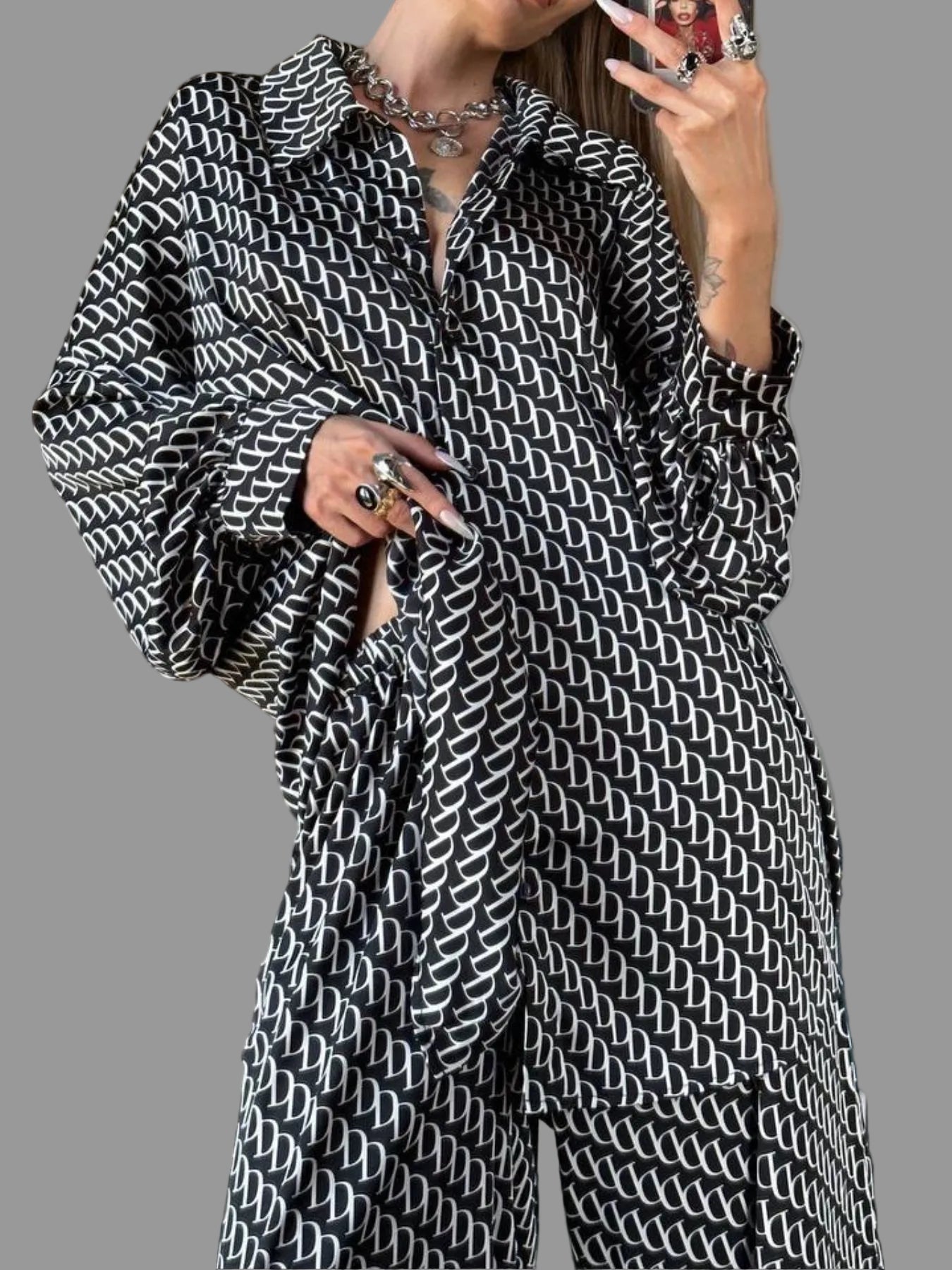 Printed Button Up Shirt with Matching Pants