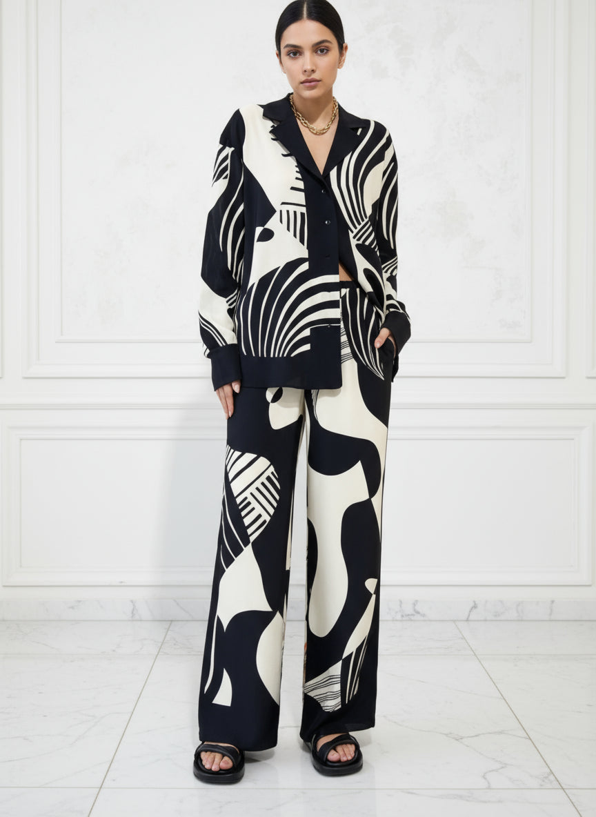 Black & White Pattern. Button Shirt with a Matching Pants Set
