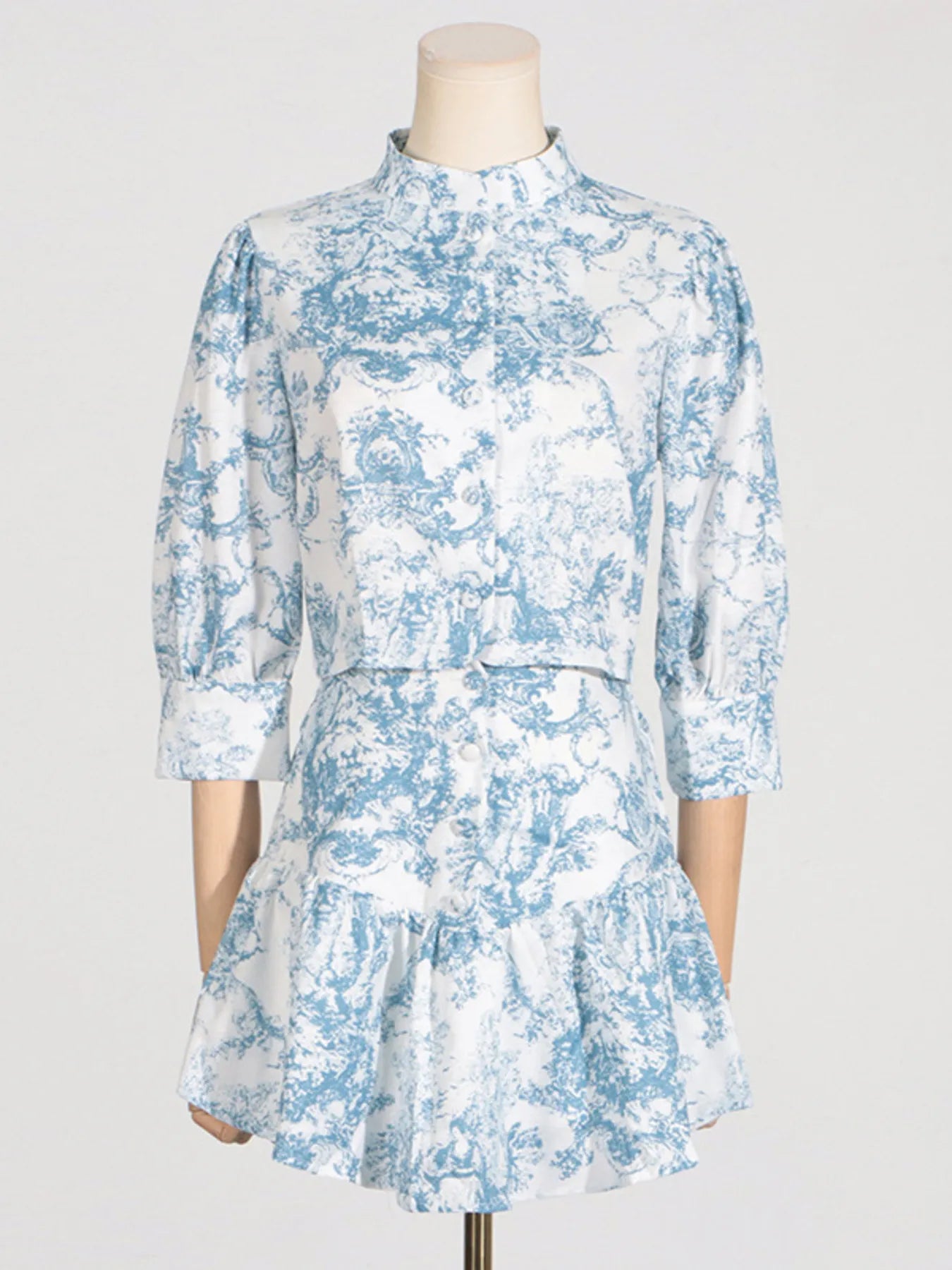 Blue and White Floral Top and Skirt above the knees