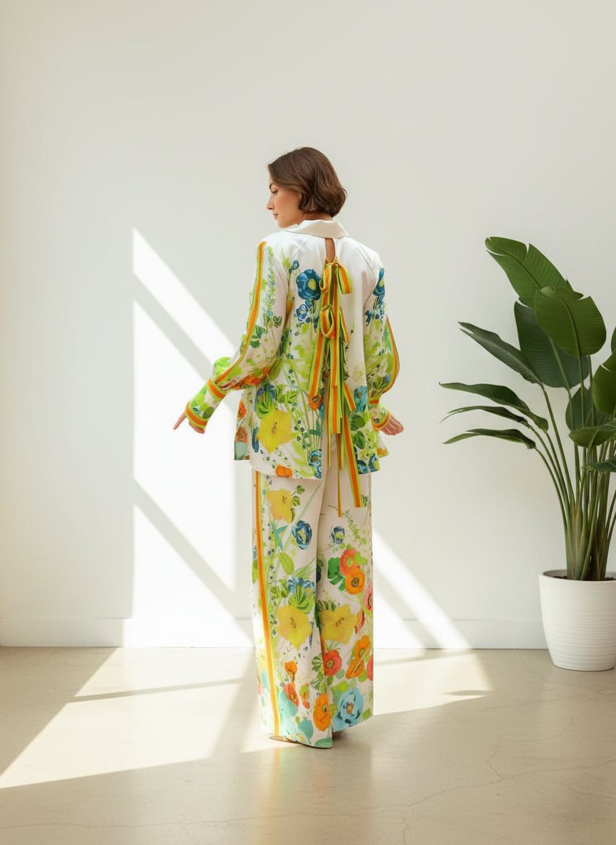 Printed Tie-Back Shirt with a Matching Pants Set