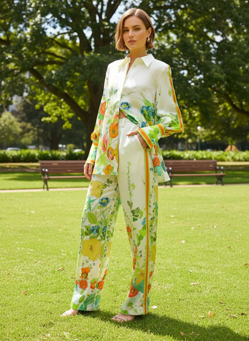 Colorful Floral Printed, Tie-Back Shirt with a Matching Pants Set