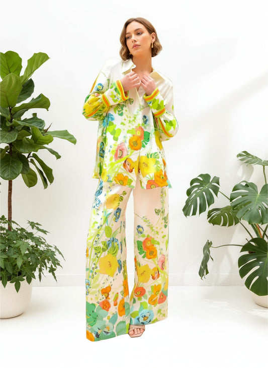 COLORFUL FLORAL PRINTED TIE-BACK MATCHING SHIRT & WIDE-LEG PANTS