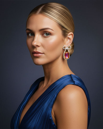 Women's Dangle Earrings. Vibrant Date Night Sparkle Gold Metal with Clear Pave Rhinestones Bow Shaped Earrings Featuring Drop Radiant Mixed Purple Orange Glass Crystal