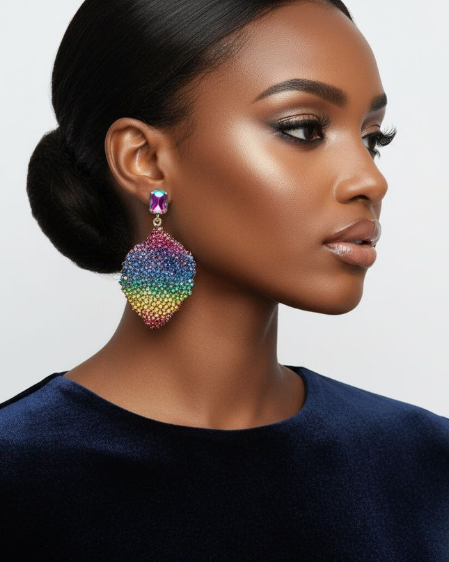 Women's Drop Earrings. Big Sparkle Energy Statement Earrings. Multicolor Radiant Crystal Set in Gold Metal Stud Earrings Featuring Drop Natural Leaf Shaped Detail Encrusted with Sparkling Rainbow Color Pattern Rhinestones. 