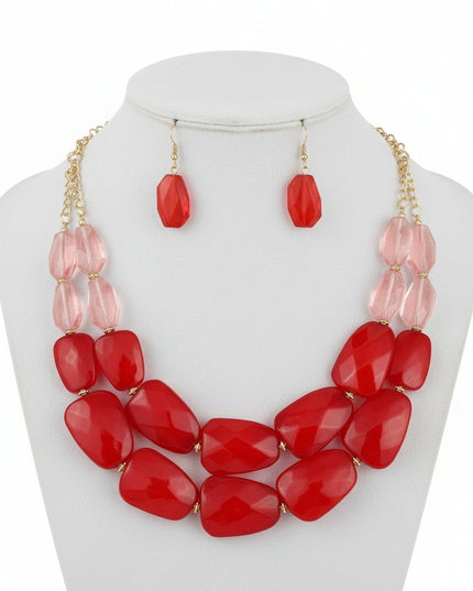 Women's Collar Necklace Set. Earthy Meets Electric Vibrant Marbled Red Acrylic Resin Stone-Like Bead Double Layer Necklace Featuring Clear Faceted Acrylic Bead Details.