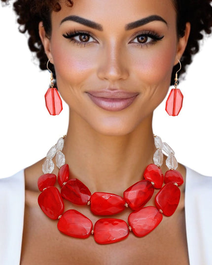 Women's Collar Necklace Set. Earthy Meets Electric Vibrant Marbled Red Acrylic Resin Stone-Like Bead Double Layer Necklace Featuring Clear Faceted Acrylic Bead Details.