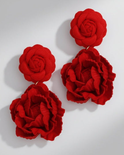 Drop Red Double Rose Flower Felt Petal Earrings