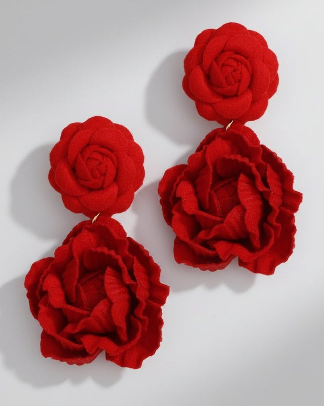 Drop Red Double Rose Flower Felt Petal Earrings