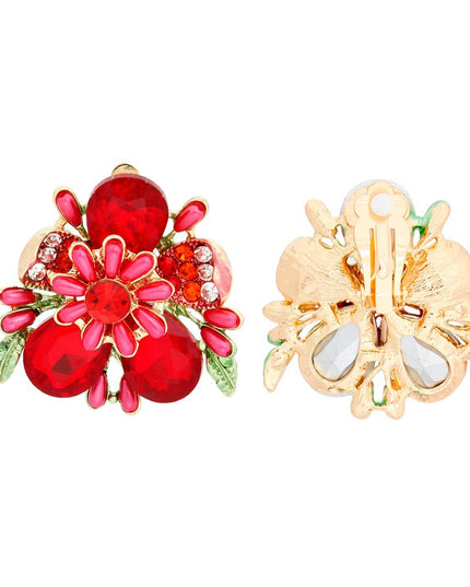 Women's Clip-On Earrings Gold Metal Flower Clip-Ons Featuring Red Teardrop Crystals, Rhinestones, Oblong Pearls, and Green Leaf Details. Paddle Back Clip-Ons.