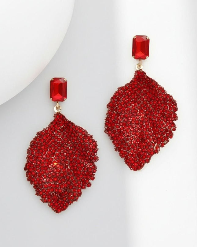 Women's Drop Earrings. Big Sparkle Energy Statement Earrings. Red Radiant Crystal Set in Gold Metal Stud Earrings Featuring Drop Natural Leaf Shaped Detail Encrusted with Sparkling Red Rhinestones.