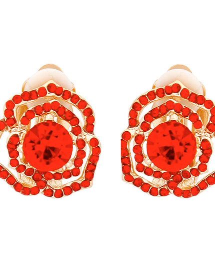 Women's Clip-On Earrings Small Gold Metal and Red Rhinestone Cutout Rose Flower Design Clip-Ons. Paddle Back Clip-Ons.