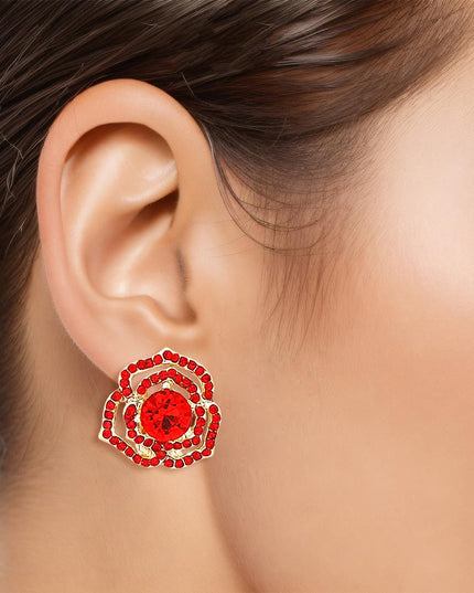 Women's Clip-On Earrings Small Gold Metal and Red Rhinestone Cutout Rose Flower Design Clip-Ons. Paddle Back Clip-Ons.