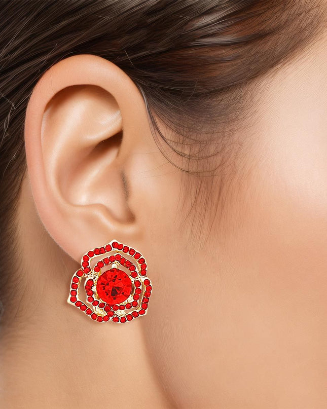 Women's Clip-On Earrings Small Gold Metal and Red Rhinestone Cutout Rose Flower Design Clip-Ons. Paddle Back Clip-Ons.