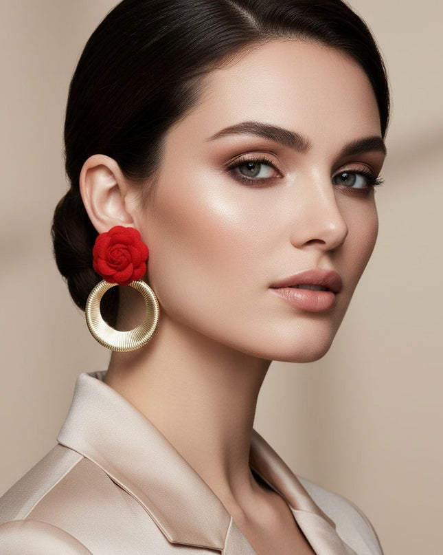 Women's Drop Earrings. Eye-Catching Drop Earrings Featuring a Vibrant Red Felt Fabric Rose Flower with Dimensional Petals Paired with a Sleek Gold Metal Ribbed Texture Ring Drop Detail. Modern and Charming. Post Backing.