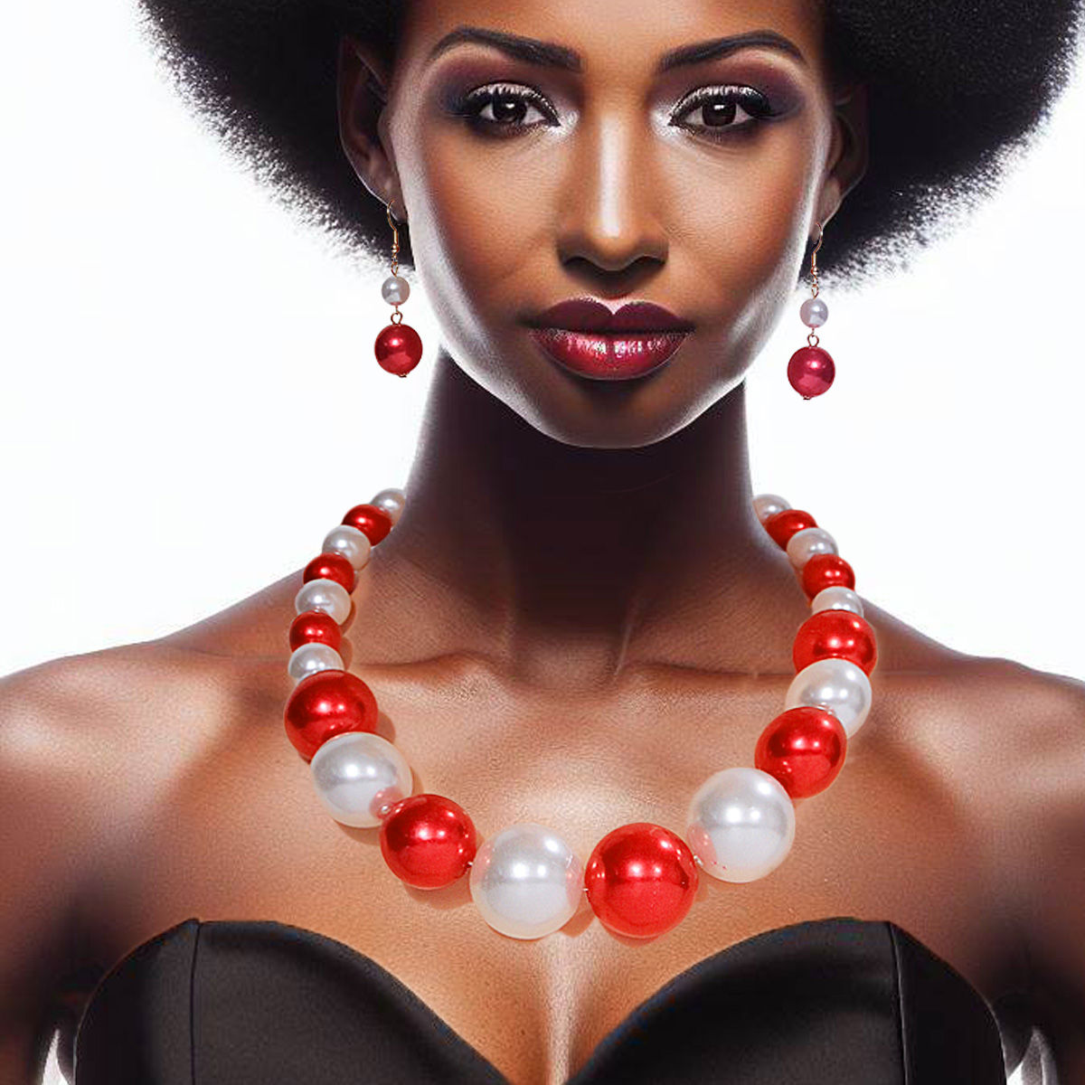Single Strand Red and White Graduated Bubble Gum Pearl Necklace Set. Center Pearl measures 1.15 inches long.