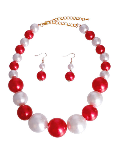 Single Strand Red and White Graduated Bubble Gum Pearl Necklace Set. Center Pearl measures 1.15 inches long