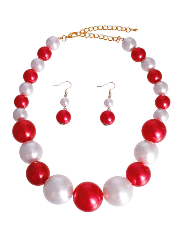 Single Strand Red and White Graduated Bubble Gum Pearl Necklace Set. Center Pearl measures 1.15 inches long