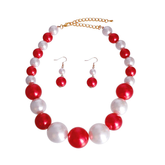 Single Strand Red and White Graduated Bubble Gum Pearl Necklace Set. Center Pearl measures 1.15 inches long