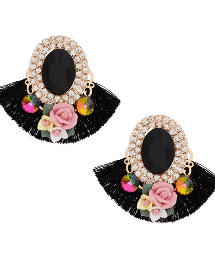 Women's Stud Earrings Elegant Gold Metal with Oval Black Crystal and Pave Rhinestone Halo Studs Featuring Black Silk Fan Tassel, Gold Metal Filigree, Multi Color Rhinestones, and 3D Acrylic Floral Detailing. Post Backing.