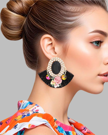 Women's Stud Earrings Elegant Gold Metal with Oval Black Crystal and Pave Rhinestone Halo Studs Featuring Black Silk Fan Tassel, Gold Metal Filigree, Multi Color Rhinestones, and 3D Acrylic Floral Detailing. Post Backing.
