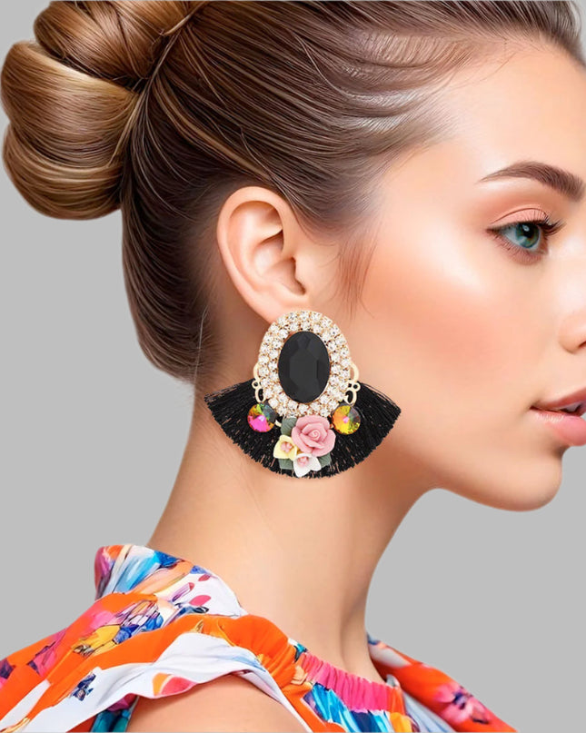 Women's Stud Earrings Elegant Gold Metal with Oval Black Crystal and Pave Rhinestone Halo Studs Featuring Black Silk Fan Tassel, Gold Metal Filigree, Multi Color Rhinestones, and 3D Acrylic Floral Detailing. Post Backing.