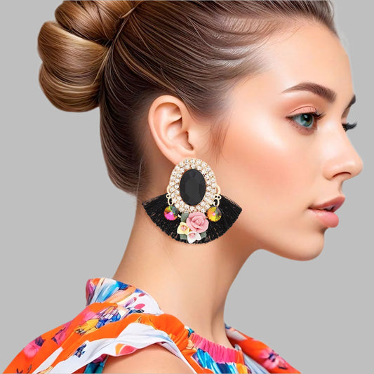 Women's Stud Earrings Elegant Gold Metal with Oval Black Crystal and Pave Rhinestone Halo Studs Featuring Black Silk Fan Tassel, Gold Metal Filigree, Multi Color Rhinestones, and 3D Acrylic Floral Detailing. Post Backing.