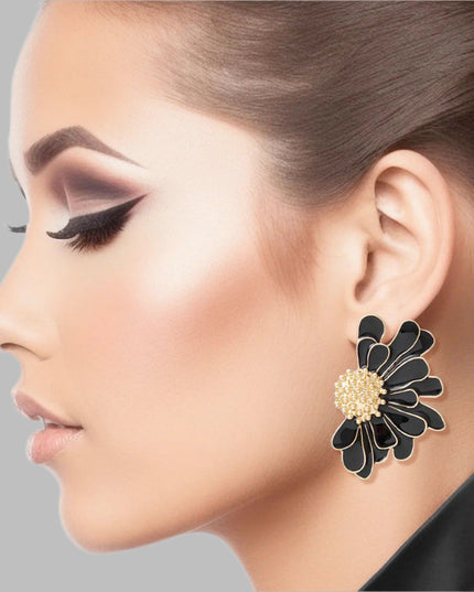 Women's Stud Earrings Gold Metal and Black Epoxy Half Daisy Flower Earrings Featuring Gold Studded Center. Post Backing.