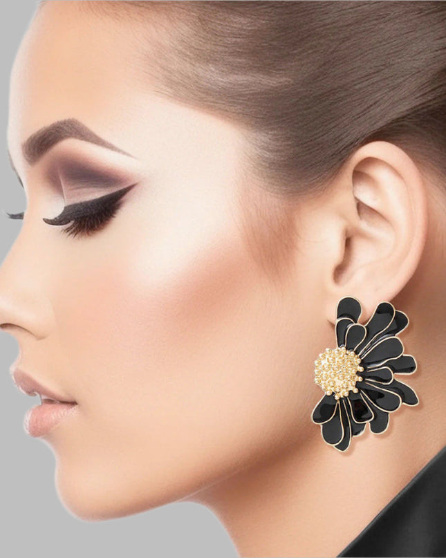 Women's Stud Earrings Gold Metal and Black Epoxy Half Daisy Flower Earrings Featuring Gold Studded Center. Post Backing.