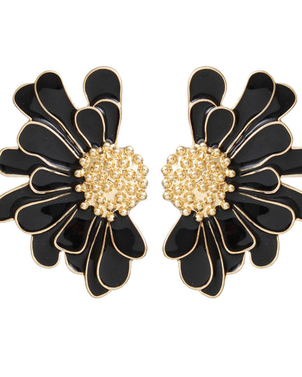 Women's Stud Earrings Gold Metal and Black Epoxy Half Daisy Flower Earrings Featuring Gold Studded Center. Post Backing.