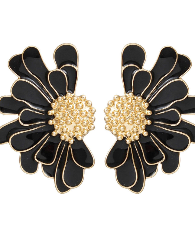Women's Stud Earrings Gold Metal and Black Epoxy Half Daisy Flower Earrings Featuring Gold Studded Center. Post Backing.