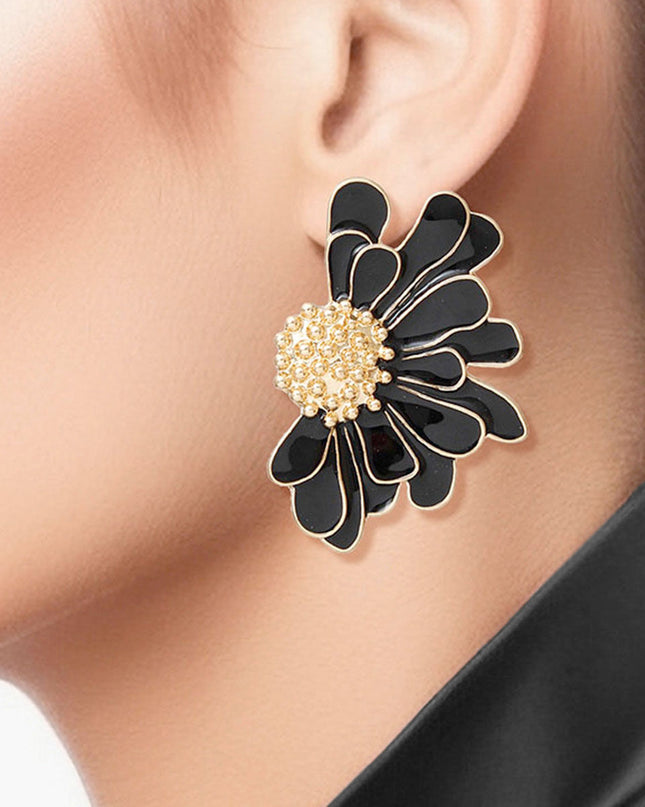 Women's Stud Earrings Gold Metal and Black Epoxy Half Daisy Flower Earrings Featuring Gold Studded Center. Post Backing.
