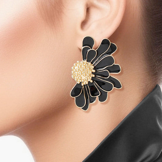 Women's Stud Earrings Gold Metal and Black Epoxy Half Daisy Flower Earrings Featuring Gold Studded Center. Post Backing.