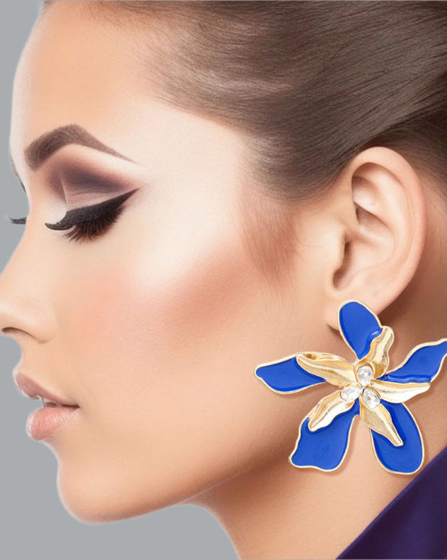Women's Stud Earrings Textured Gold Metal with Blue Epoxy Tropical Iris Flower Earrings Featuring Rhinestone Centers. Post Backing.