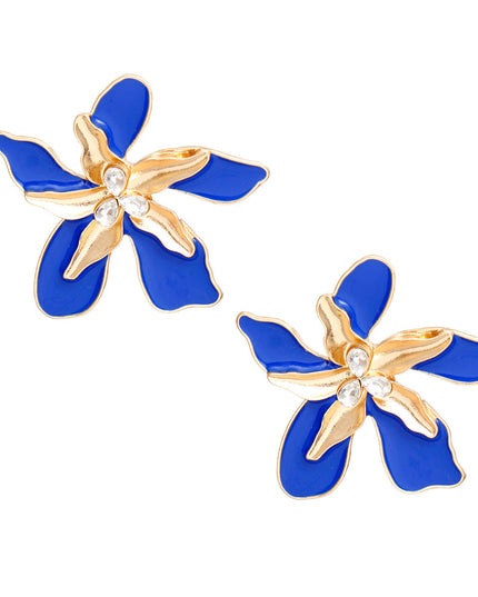 Women's Stud Earrings Textured Gold Metal with Blue Epoxy Tropical Iris Flower Earrings Featuring Rhinestone Centers. Post Backing.