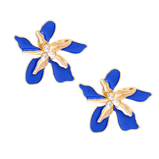 Women's Stud Earrings Textured Gold Metal with Blue Epoxy Tropical Iris Flower Earrings Featuring Rhinestone Centers. Post Backing.