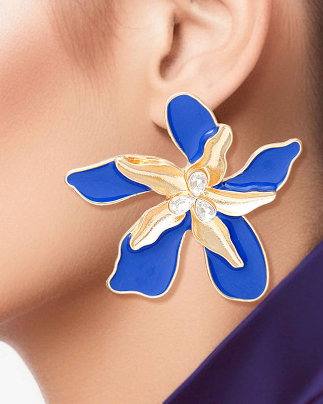 Women's Stud Earrings Textured Gold Metal with Blue Epoxy Tropical Iris Flower Earrings Featuring Rhinestone Centers. Post Backing.