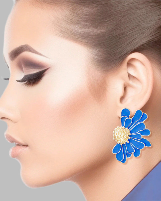 Women's Stud Earrings Gold Metal and Blue Epoxy Half Daisy Flower Earrings Featuring Gold Studded Center. Post Backing.