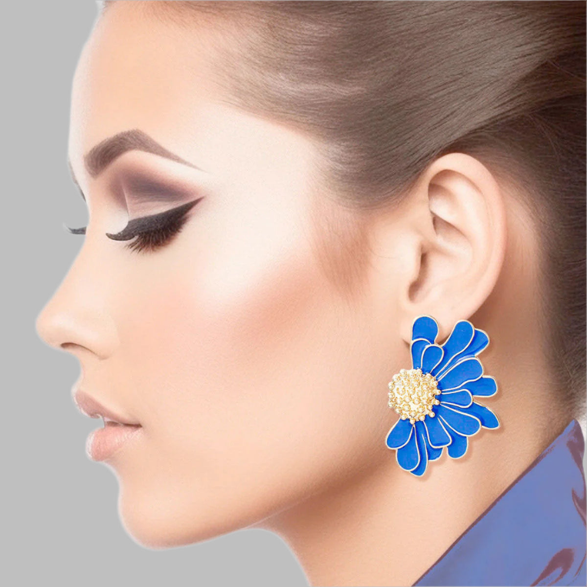 Women's Stud Earrings Gold Metal and Blue Epoxy Half Daisy Flower Earrings Featuring Gold Studded Center. Post Backing.