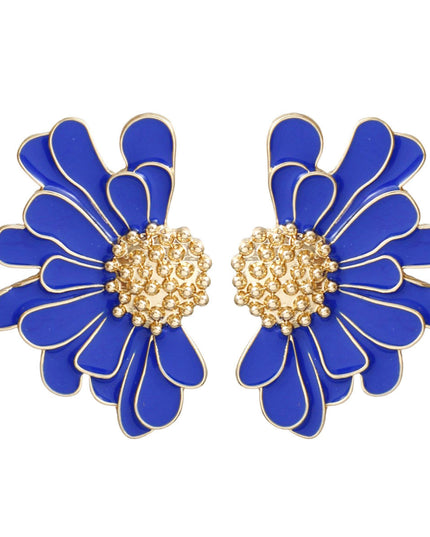 Women's Stud Earrings Gold Metal and Blue Epoxy Half Daisy Flower Earrings Featuring Gold Studded Center. Post Backing.