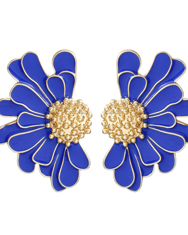 Women's Stud Earrings Gold Metal and Blue Epoxy Half Daisy Flower Earrings Featuring Gold Studded Center. Post Backing.
