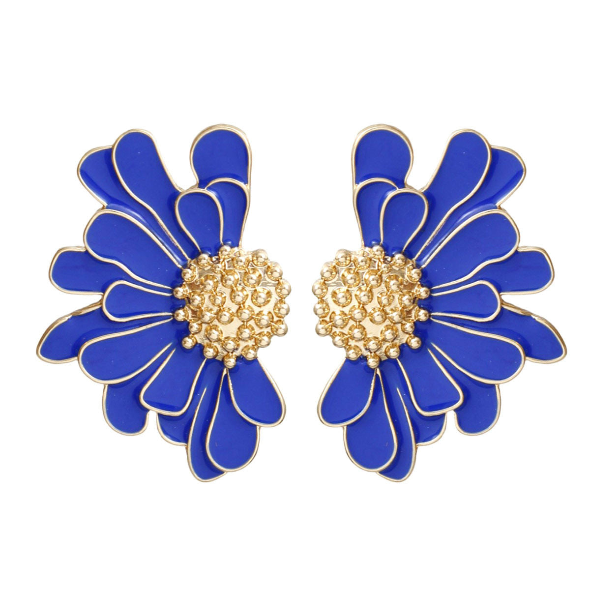 Women's Stud Earrings Gold Metal and Blue Epoxy Half Daisy Flower Earrings Featuring Gold Studded Center. Post Backing.