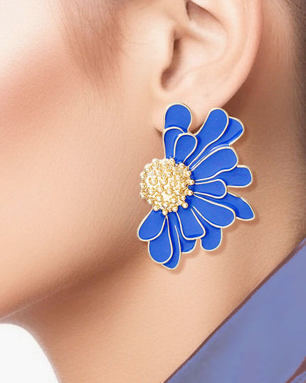 Women's Stud Earrings Gold Metal and Blue Epoxy Half Daisy Flower Earrings Featuring Gold Studded Center. Post Backing.
