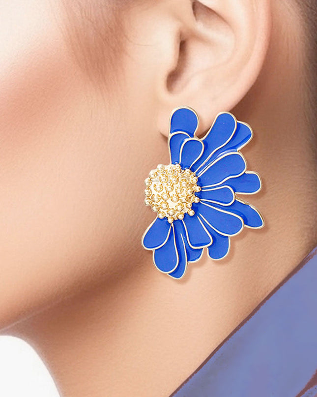 Women's Stud Earrings Gold Metal and Blue Epoxy Half Daisy Flower Earrings Featuring Gold Studded Center. Post Backing.